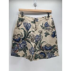 Cambridge Dry Goods Vintage Floral Linen Shorts Blue Beige Cottagecore Size 14